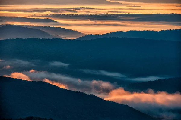 Mysterious Foggy Forest Mountains Sunrise Trees Back Light Bieszczady National — Foto Stock