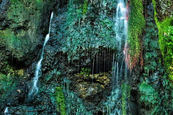 Gros Plan Une Cascade Roches Moussues Beauté Étonnante Nature Cascade — Photo