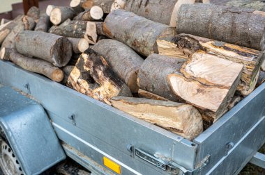 Evin yanında yakacak odunlarla dolu bir karavan..