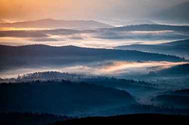 Morning landscape of the San River valley on the border between Poland and Ukraine.