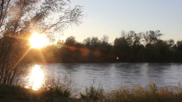 Kilátás egy folyó a naplemente — Stock videók