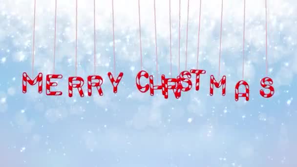 Animated Merry Christmas Text Letters Hanging Threads Blue Sky Snowing — Stock Video