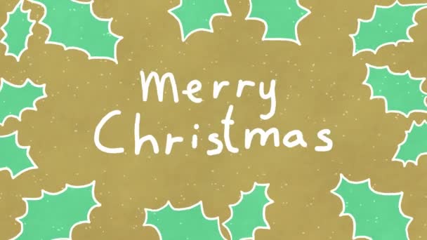 白色手写文本 圣诞快乐 的逐帧动画 被黄色背景下的圣诞叶子环绕 — 图库视频影像