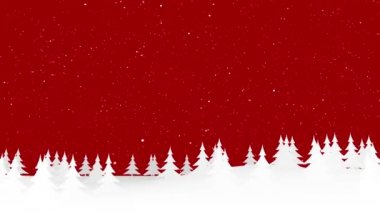 Kırmızı zemin üzerinde altın kar tanecikleri olan çam ağacı manzarasının animasyonlu Noel arkaplanı 