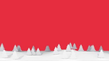 Kırmızı arkaplanda izole edilmiş beyaz düz çam manzarasının 3 boyutlu Noel animasyonu. 