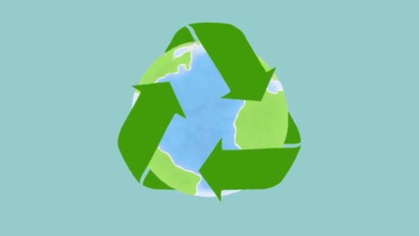 Loopbare Tekenfilm Animatie Van Een Recycling Symbool Rond Planeet Aarde — Stockvideo