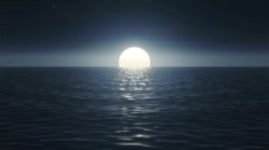 3D animasyon - Geceleri okyanusun üzerinde dolunay 