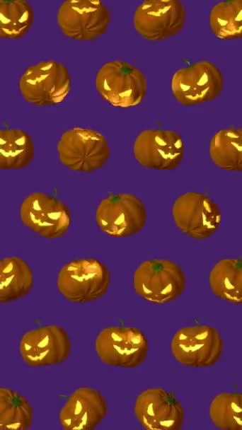 Animatie Looped Geanimeerde Halloween Pompoenen Patroon Paarse Achtergrond Verticale Samenstelling — Stockvideo