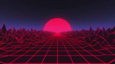 3D animasyon - Döngüye alınmış 3D siyah ve pembe retrofuturistik manzara gün batımında
