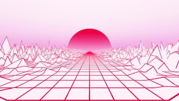 Animazione Looped Animato Mesh Bianco Rosa Retrofuturistico Paesaggio Tramonto — Video Stock
