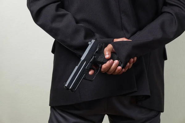 Assassin Smart Bodyguard Concept Picture Businessman Holding Pistol Gun His — Stockfoto