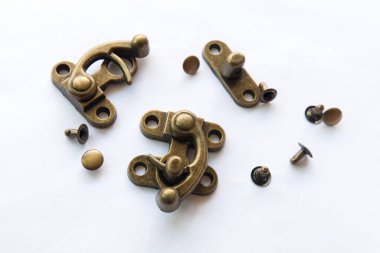 Antique Brass Closing Hook Lock on iSolate White Background, Latch Butt Hinges For Jewellery Wood Box, Cabinet Door, Fittings Furniture