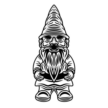 Beyaz arkaplanda izole edilmiş tek renkli vintage biçiminde bahçe cücesi tam boy vektör illüstrasyonuName