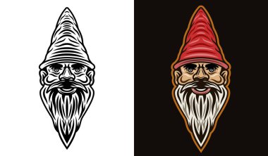 Bahçe cücesi sakallı kafa vektör illüstrasyonu iki stilde siyah beyaz ve koyu arkaplanda renkli