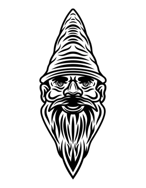 Trädgård gnome skäggig huvud vektor illustration i monokrom vintage stil isolerad på vit bakgrund — Stock vektor