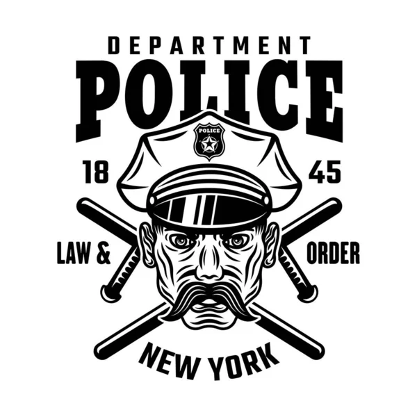 Beyaz arkaplanda iki çapraz baton vektör amblemi ya da tişört izi olan polis memuru.