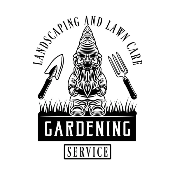 Serviço de jardinagem vetor vintage emblema, emblema, rótulo ou logotipo com estatueta de gnomo em estilo monocromático isolado no fundo branco —  Vetores de Stock