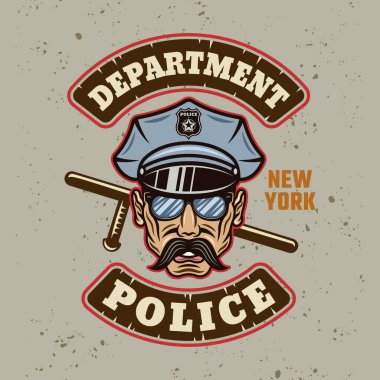 Polis departmanının klasik amblemi, etiketi, rozeti ya da şapkalı polis logosu. Hafif arkaplan üzerinde renkli çizgi film tarzında taşınabilir grunge dokularıyla vektör illüstrasyonuName