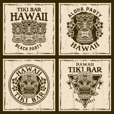Arka planda dört Hawaii stili kahverengi vintage amblem, etiket, rozet ya da logo seti ve ayrı katmanlarda çıkarılabilir grunge dokuları var.