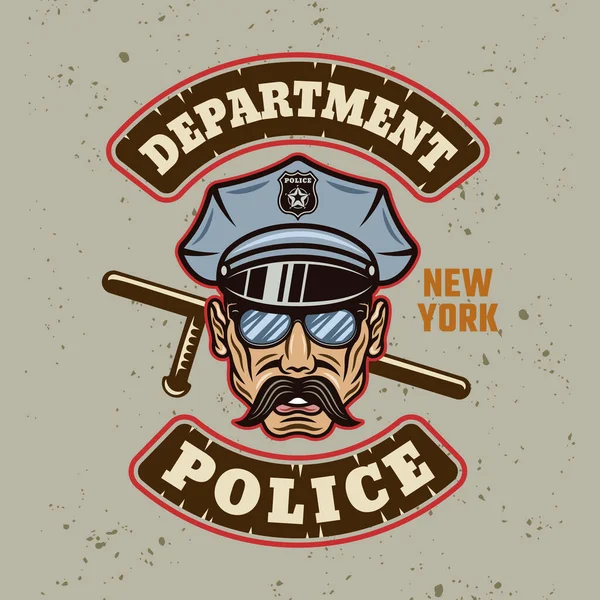 Znak, štítek, odznak nebo logo policejního oddělení s policistou v čepici. Vektorová ilustrace v barevném kresleném stylu na světlém pozadí s odnímatelnou grunge texturou — Stockový vektor