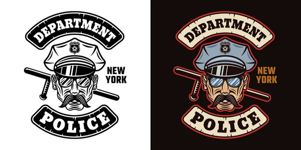 Dipartimento di polizia emblema vettoriale, etichetta, distintivo o logo con poliziotto in berretto in due stili nero su bianco e colorato su sfondo scuro — Vettoriale Stock