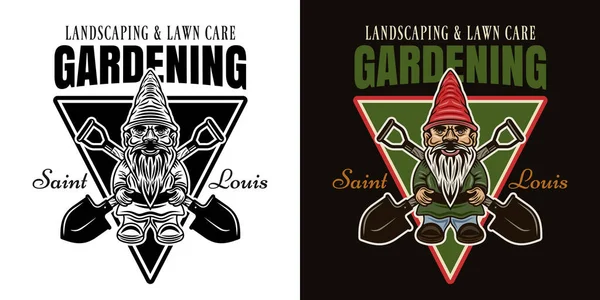 Gardening, landscaping and lawn care vector vintage emblem, badge, label or logo with standing gnome statuette and crossed shovels in two styles black on white and colorful on dark background — Stock Vector