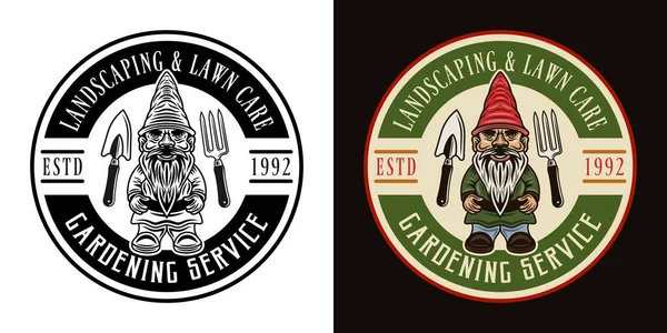 Gardening service, landscaping and lawn care vector vintage round emblem, badge, label or logo with gnome statuette in two styles black on white and colorful on dark background — Stock Vector