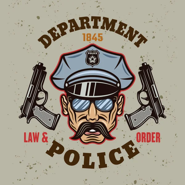 Cabeza de policía en gorra con bigote y dos pistolas emblema vintage, etiqueta, insignia o logotipo. Ilustración vectorial en estilo de dibujos animados coloridos sobre fondo claro con texturas grunge extraíbles — Vector de stock