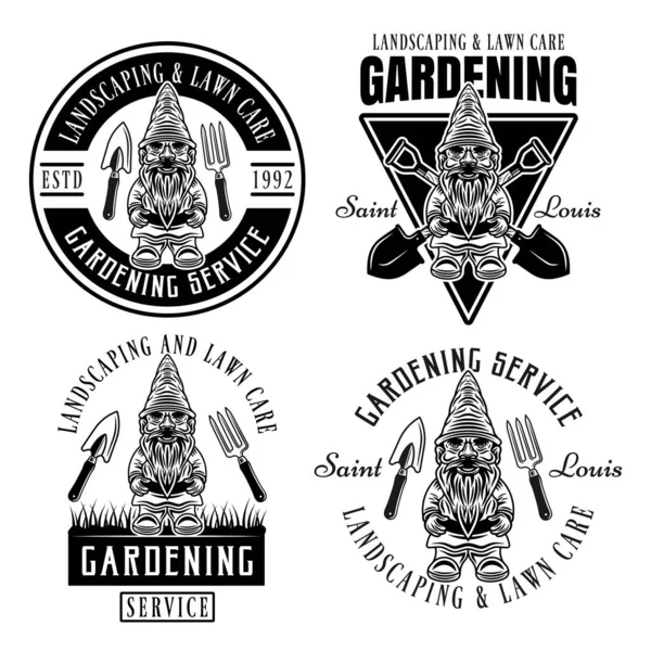 Κηπουρική, διαμόρφωση κήπων και περιποίηση γκαζόν σετ vector vintage εμβλήματα, σήματα, ετικέτες ή λογότυπα με αγαλματίδιο gnome σε μονόχρωμο στυλ απομονωμένο σε λευκό φόντο — Διανυσματικό Αρχείο