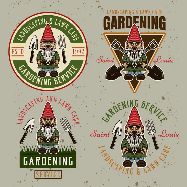 Gardening, landscaping and lawn care set of vector vintage emblems, badges, labels or logos with gnome statuette in colored style on background with removable grunge textures — 图库矢量图片