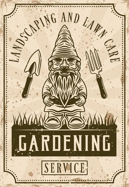 Cura del giardino, paesaggistica e la cura del prato poster in stile vintage con giardino gnomo figurina vettoriale illustrazione — Vettoriale Stock