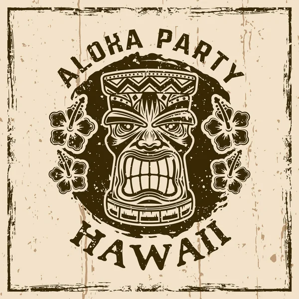 Hawaii tiki fafej vektor vintage embléma, jelvény, címke, logó vagy póló nyomat. Illusztráció háttér grunge textúrák és keret vektor illusztráció — Stock Vector