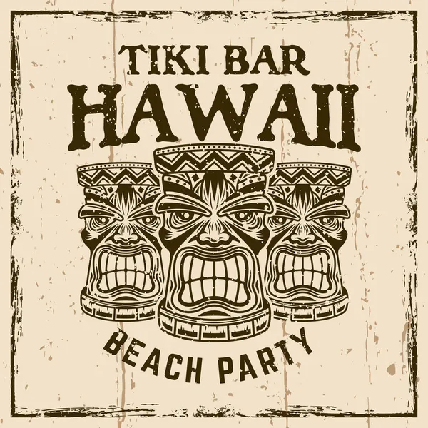 Hawaiianische Tiki-Holzköpfe vektoren Vintage-Emblem, Abzeichen, Etikett, Logo oder T-Shirt-Druck. Illustration auf Hintergrund mit Grunge-Texturen und Frame-Vektor-Illustration — Stockvektor