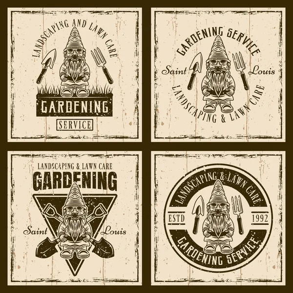 Κηπουρική, διαμόρφωση κήπων και περιποίηση γκαζόν σετ διανυσματικών καφέ vintage εμβλημάτων, εμβλημάτων, ετικετών ή λογότυπων με αγαλματίδιο gnome σε φόντο με αφαιρούμενες υφές grunge σε ξεχωριστά στρώματα — Διανυσματικό Αρχείο