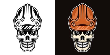 İşçi kafatası sert şapka vektör çizimi iki stilde siyah beyaz ve koyu arkaplan renkli