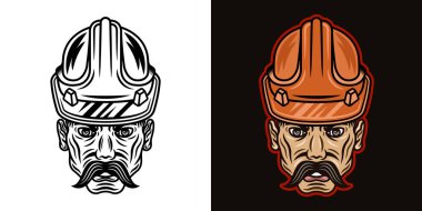 Sert şapka vektör illüstrasyonunda çalışan işçi iki stilde siyah beyaz ve koyu arkaplanda renkli.