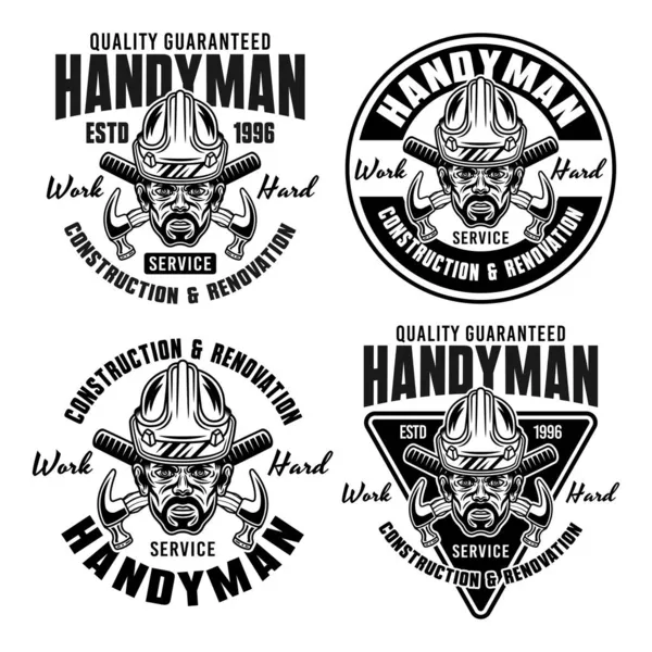 Handyman en constructie service set van vector vintage emblemen, labels, badges of logo 's met arbeidershoofd in harde hoed en gekruiste hamers. Illustratie in monochrome stijl geïsoleerd op witte achtergrond — Stockvector