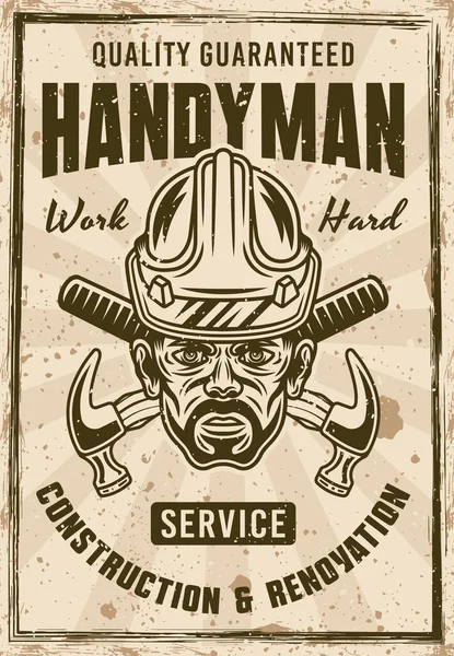 Handyman a stavebnictví vinobraní plakát s hlavou pracovníka v klobouku a kladiva vektorové ilustrace. Vrstvená, oddělená textura grunge a text — Stockový vektor