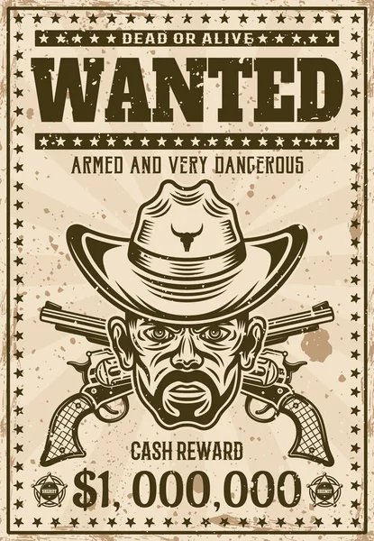 Wanted vintage western poster template, κεφάλι καουμπόη με τρίχες στο καπέλο και σταυρωμένα όπλα διανυσματική απεικόνιση για θεματικό πάρτι ή εκδήλωση. Επιστρωμένη, ξεχωριστή υφή grunge και κείμενο — Διανυσματικό Αρχείο