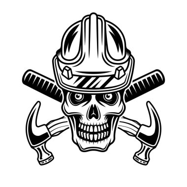 İşçi şapkalı kafatası ve beyaz arka planda izole edilmiş monokrom vintage tarzında çaprazlanmış iki çekiç vektör çizimi