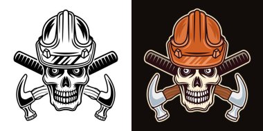 İşçi şapkalı kafatası ve iki çapraz çekiç vektör illüstrasyonu iki stilde siyah beyaz ve koyu arkaplanda renkli.