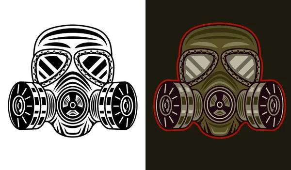 Máscara de gás ou respirador com dupla ilustração vetorial de filtro em dois estilos preto no branco e colorido no fundo escuro —  Vetores de Stock