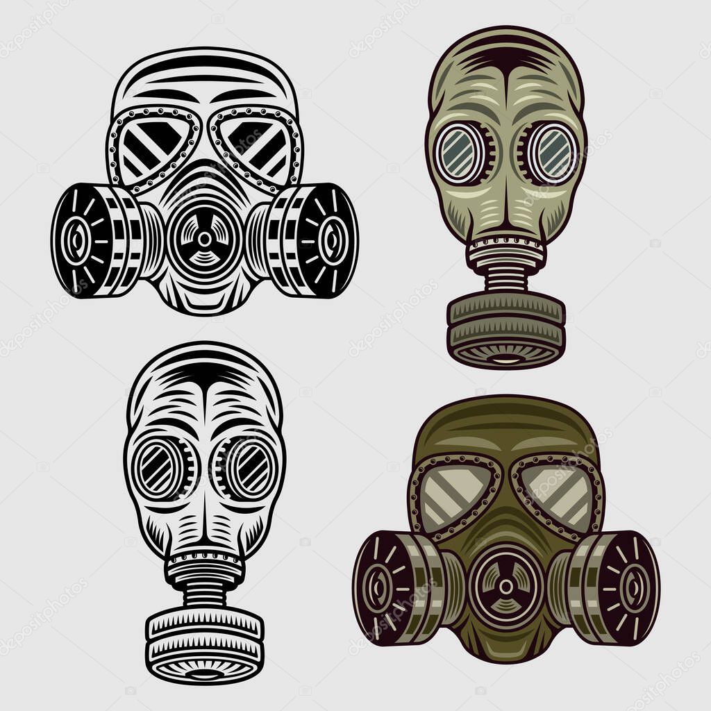 Gas masks or respirators set of vector objects in two styles colored and black and white