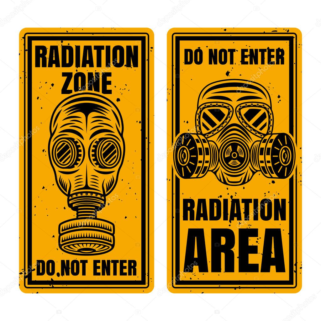 Danger radiation area vector banners with gas masks or protective respirators warning symbol illustration