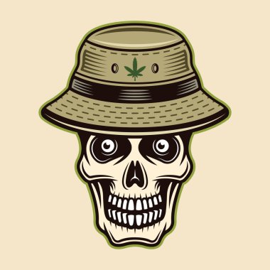 Marihuana yaprağı şapkalı kafatası. Hafif arkaplanda izole edilmiş çizgi film tarzında renkli vektör çizimi.