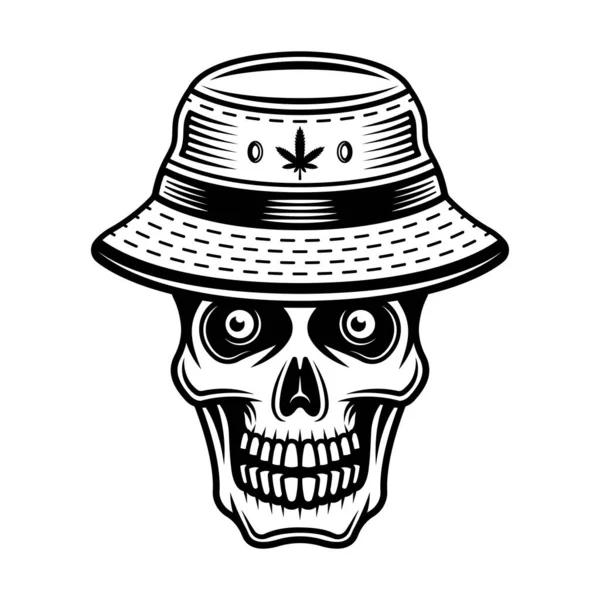 Calavera en sombrero de cubo con ilustración de vector de hoja de marihuana en estilo monocromo vintage aislado sobre fondo blanco — Archivo Imágenes Vectoriales