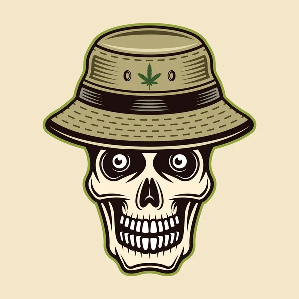 Calavera en sombrero de cubo con carácter de hoja de marihuana ilustración vectorial colorido en estilo de dibujos animados aislados sobre fondo claro — Archivo Imágenes Vectoriales