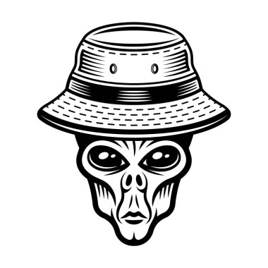 Kovalı şapkalı uzaylı kafa. Beyaz arkaplanda izole edilmiş vintage monokrom biçimi ile vektör illüstrasyonu
