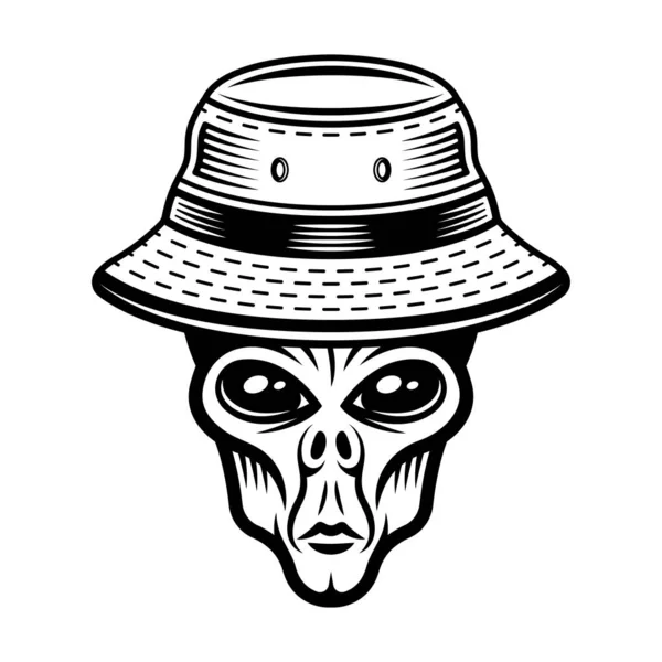 Alien kepala di topi ember. Ilustrasi vektor dalam gaya monokrom vintage diisolasi pada latar belakang putih - Stok Vektor