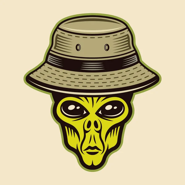 Alien head in bucket hat character colorful vector illustration in cartoon style isolated on light background — Archivo Imágenes Vectoriales